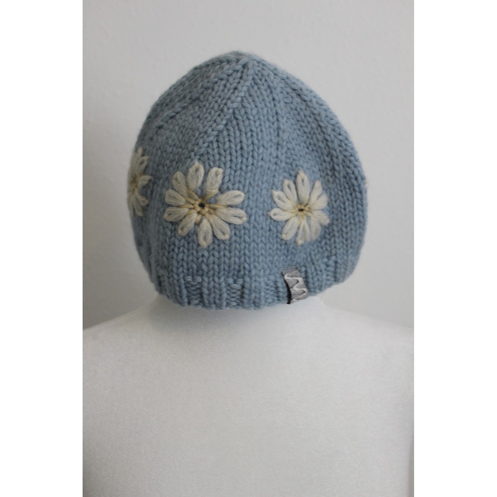 Blue 100% Wool Chunky Knit Daisy Floral‎ Beanie Winter Hat Embroidered